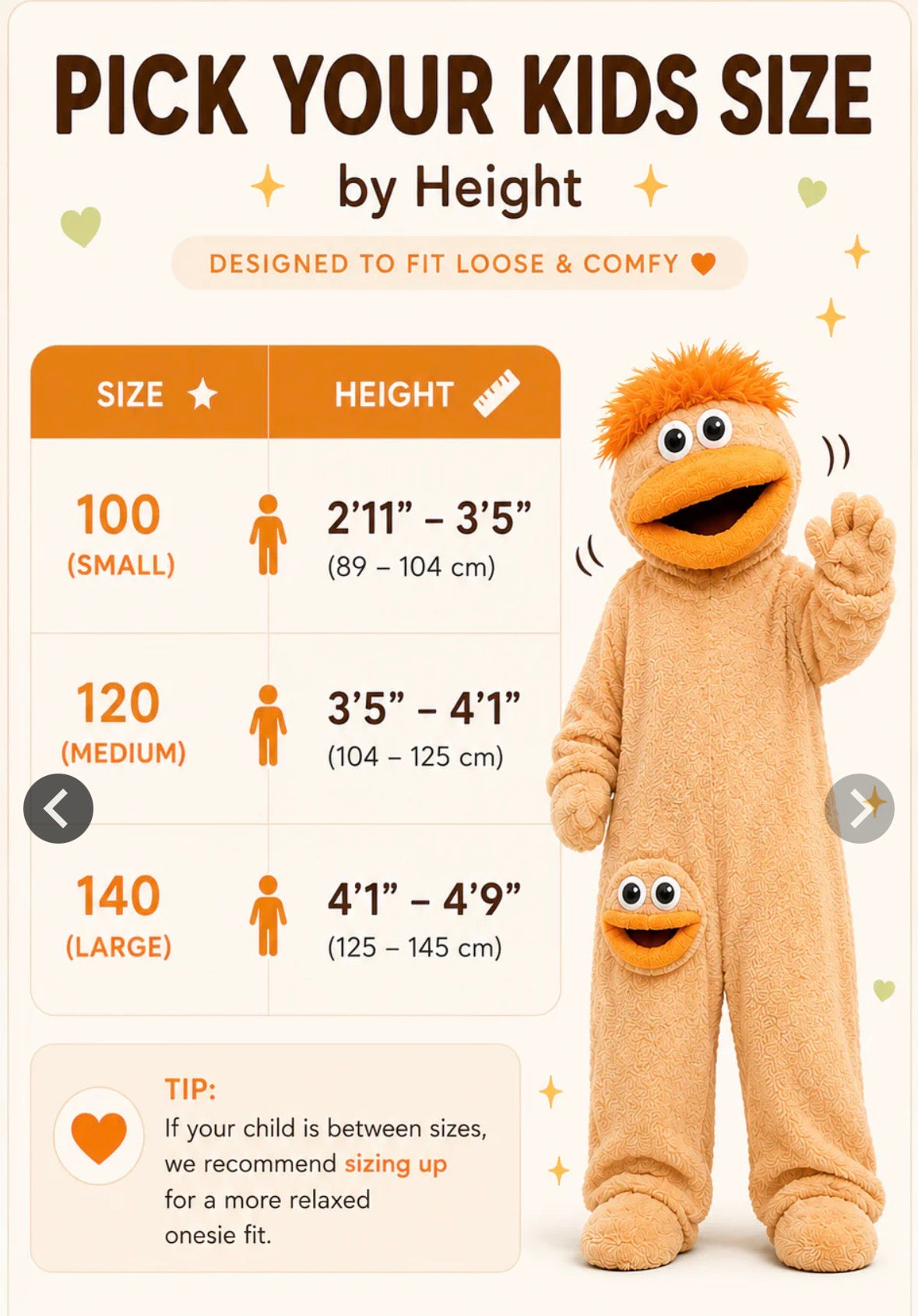 Kids size guide for Snugglegoof Monster Onesie