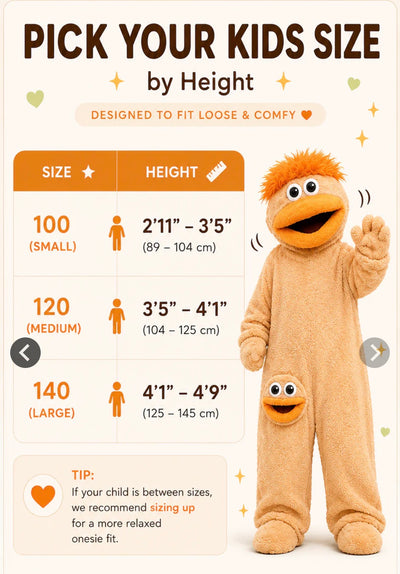 Kids size guide for Snugglegoof Monster Onesie